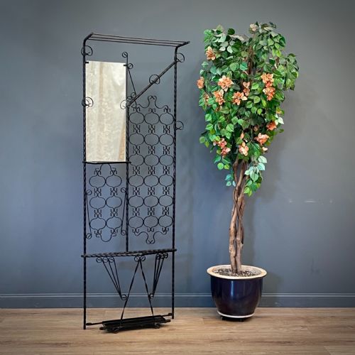 attractive vintage slender wrought iron mirror back coat hanger hallstand