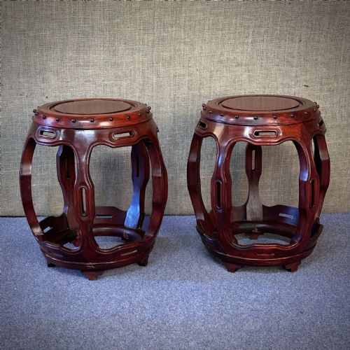 attractive pair oriental carved cherrywood stools stands