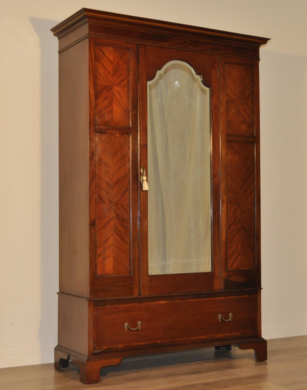 Large Antique Edwardian Inlaid Mahogany Mirror Door Wardrobe With