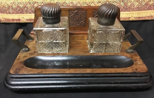 c19th walnut and brass carved double inkstand