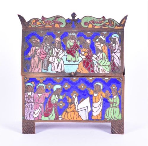 a c19th copper and enamel work replica of a c13th limoges chase or reliquary casket