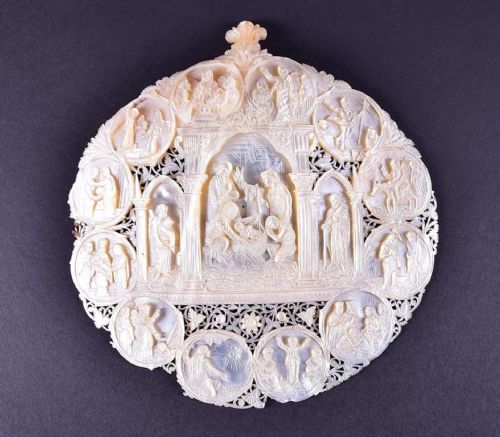 a finely carved 19th century motherofpearl devotional 'pilgrim's plaque'