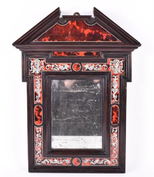 small c18th mirror with tortoishell and ivory inlay with a pedimented top