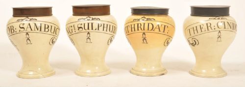 four c18th queensware apothecary drug jars