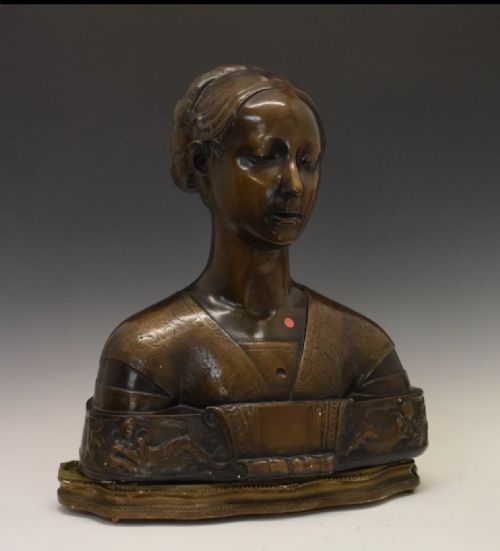early c20th plaster bust of a renaissance woman on a gilded wooden stand