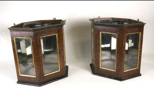 c19th pair of glazed walnut corner lanterns