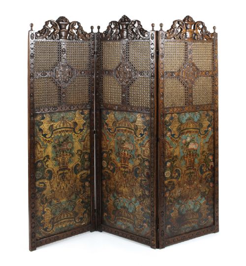c19th oak and tooled leather room divider in tooled leather and carved