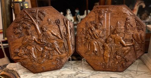 c18th pair of carved plaques of classical scenes