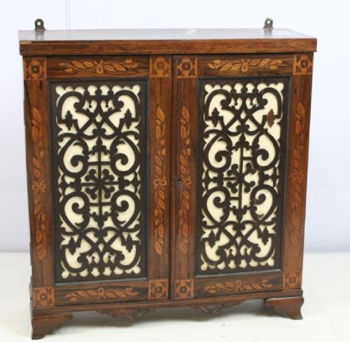 c19th inlaid wall cabinet in rosewood with fretwork doors
