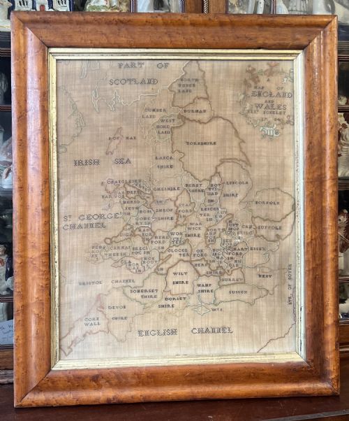 c18th sampler of england and wales on a burr maple frame