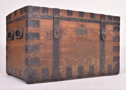 c19th large oak and steel bound silver chest