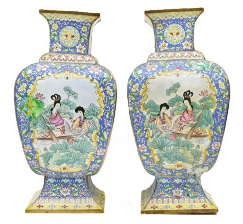pair of large cantonese enamel decorated vases