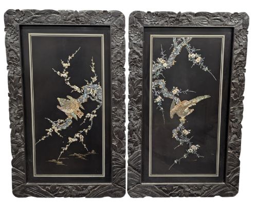 pair of chinese lacquered panels with mop and abalone inlay depicting birds in branches and foilage