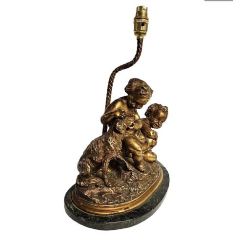 c19th french gilt bronze of cherubs with adog table lamp