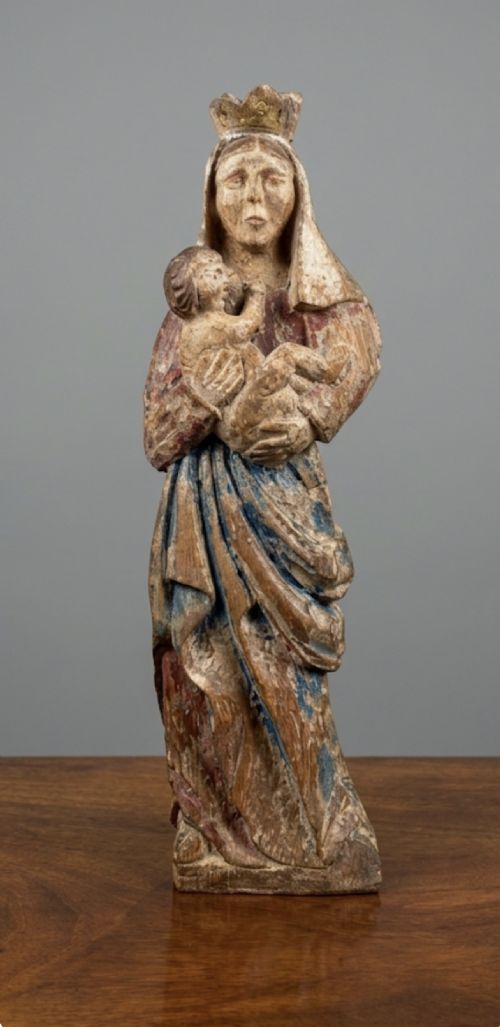 c18th carved wood painted figure of mary and jesus