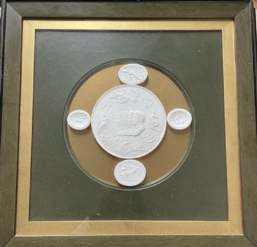 interesting pair of framed c19th plaster studies of the waterloo medal after the italian sculptor benedetto pistrucci