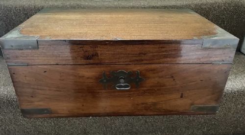 mid c19th angloindian brass bound teak travelling writing or scribes box