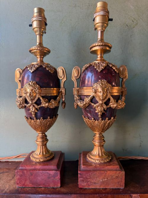 pair of late c19th french ormolumounted rouge marble lamps in the c18th louis xvi period style