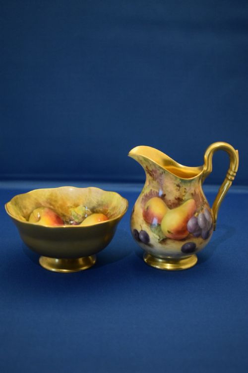 royal worcester painted fruit cream and sugar