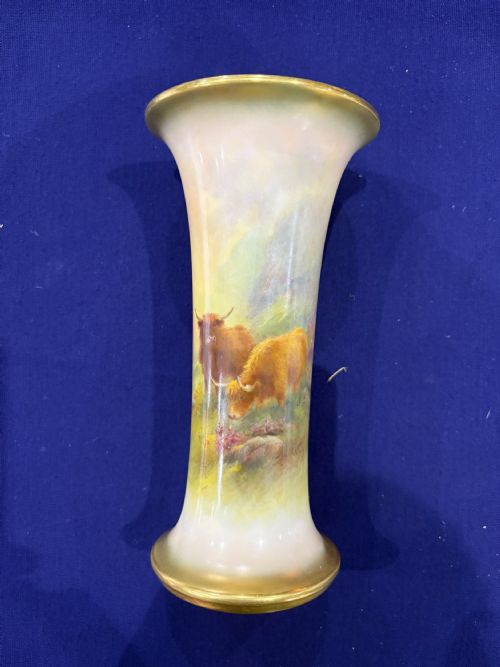 royal worcester spill vase decorated with highland cattle