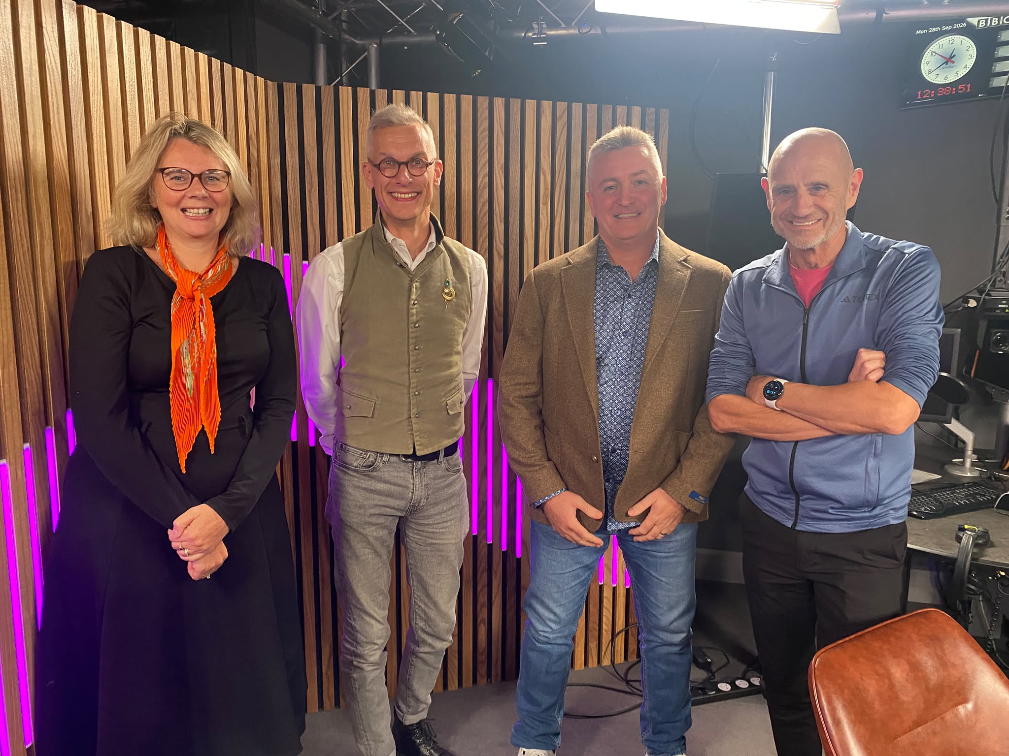 Catherine Southon, Mark Hill, Conor Hannah and Evan Davis together in a studio at BBC Broadcasting House