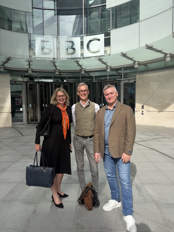 Catherine Southon, Mark Hill and Conor Hannah outside BBC Broadcasting House in London