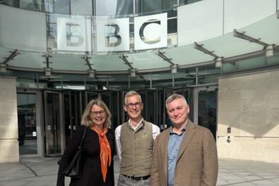 Catherine Southon, Mark Hill and Conor Hannah outside BBC Broadcasting House