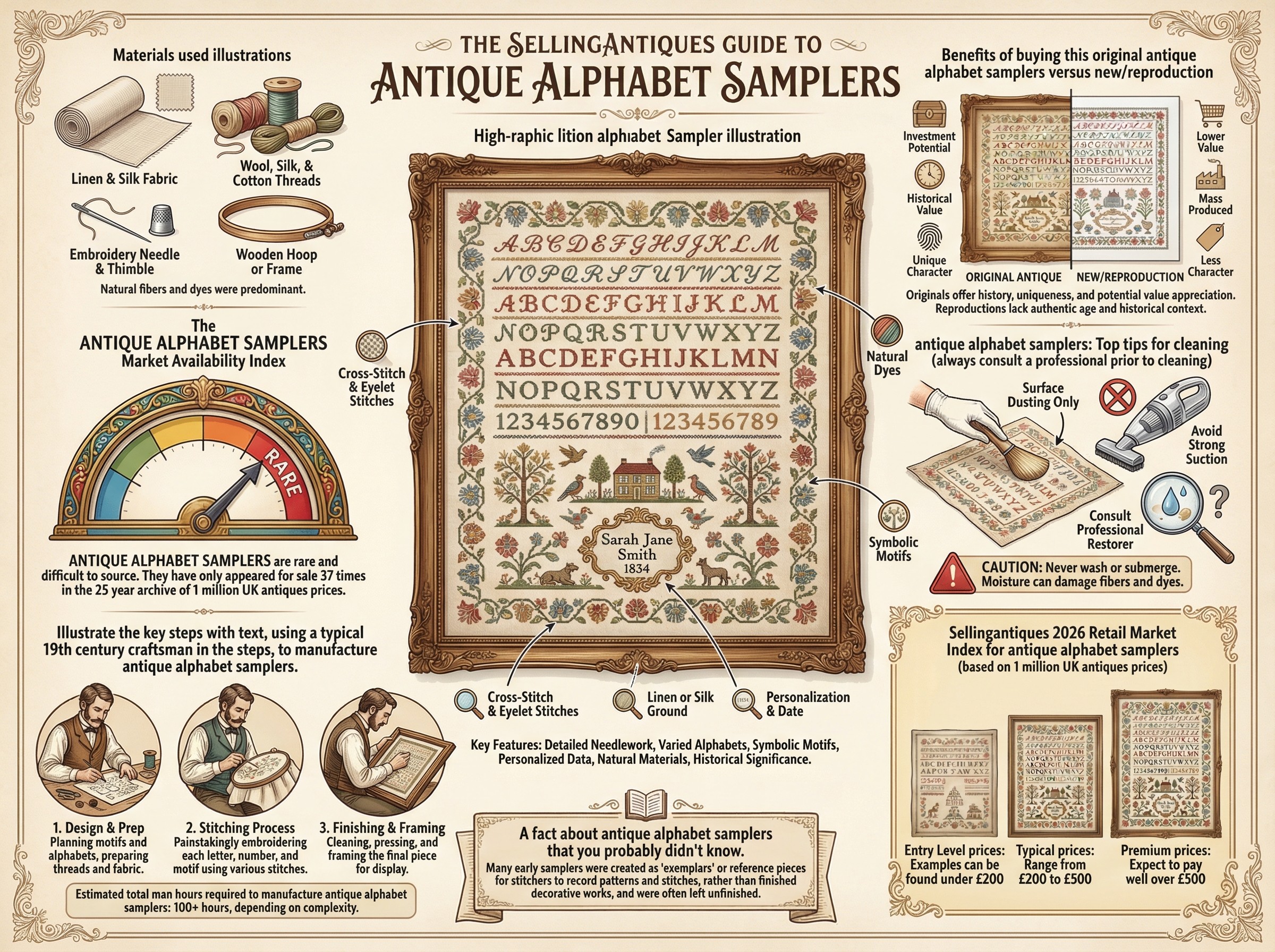 Antique Alphabet Samplers Guide Infographic