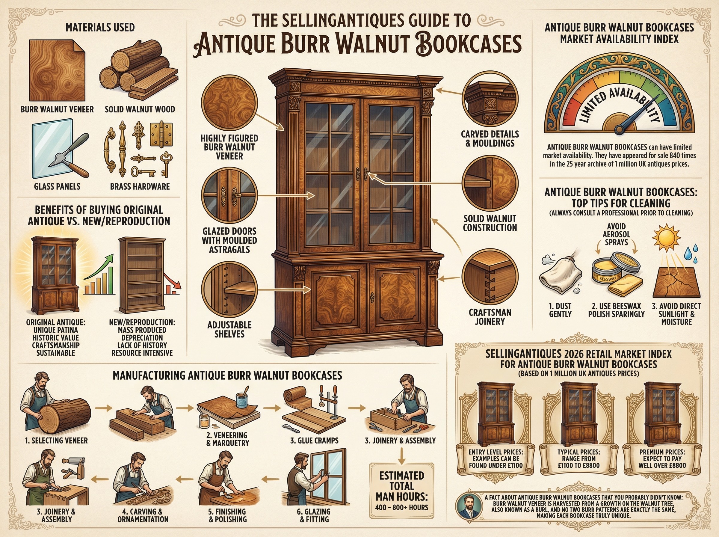 Antique Burr Walnut Bookcases Guide Infographic