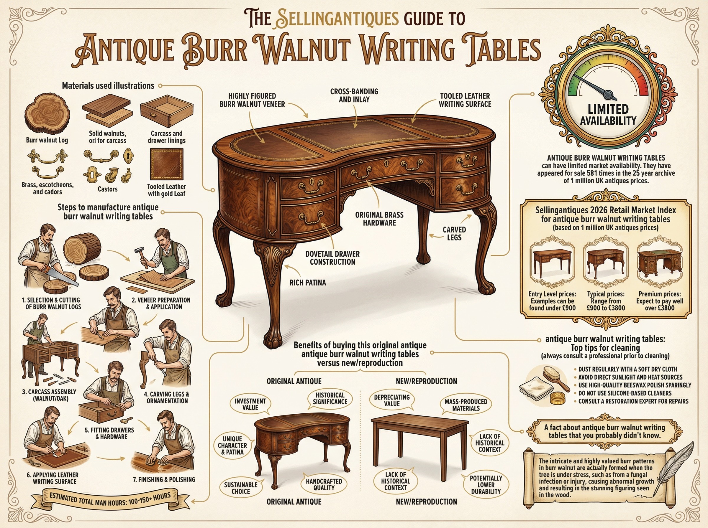 Antique Burr Walnut Writing Tables Guide Infographic