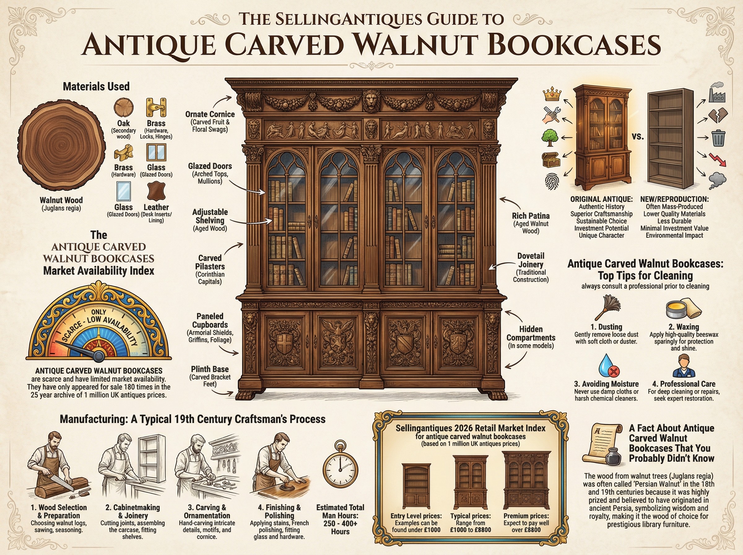Antique Carved Walnut Bookcases Guide Infographic