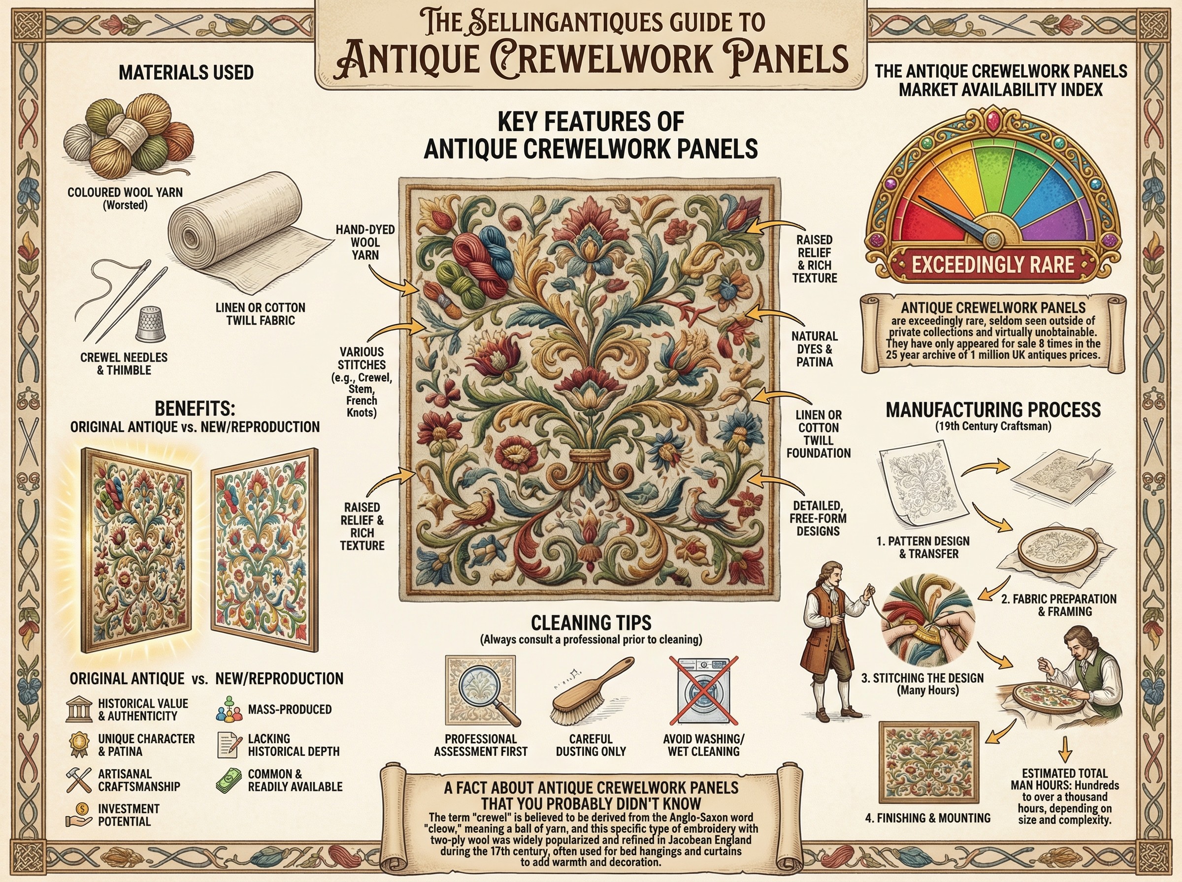 Antique Crewelwork Panels Guide Infographic