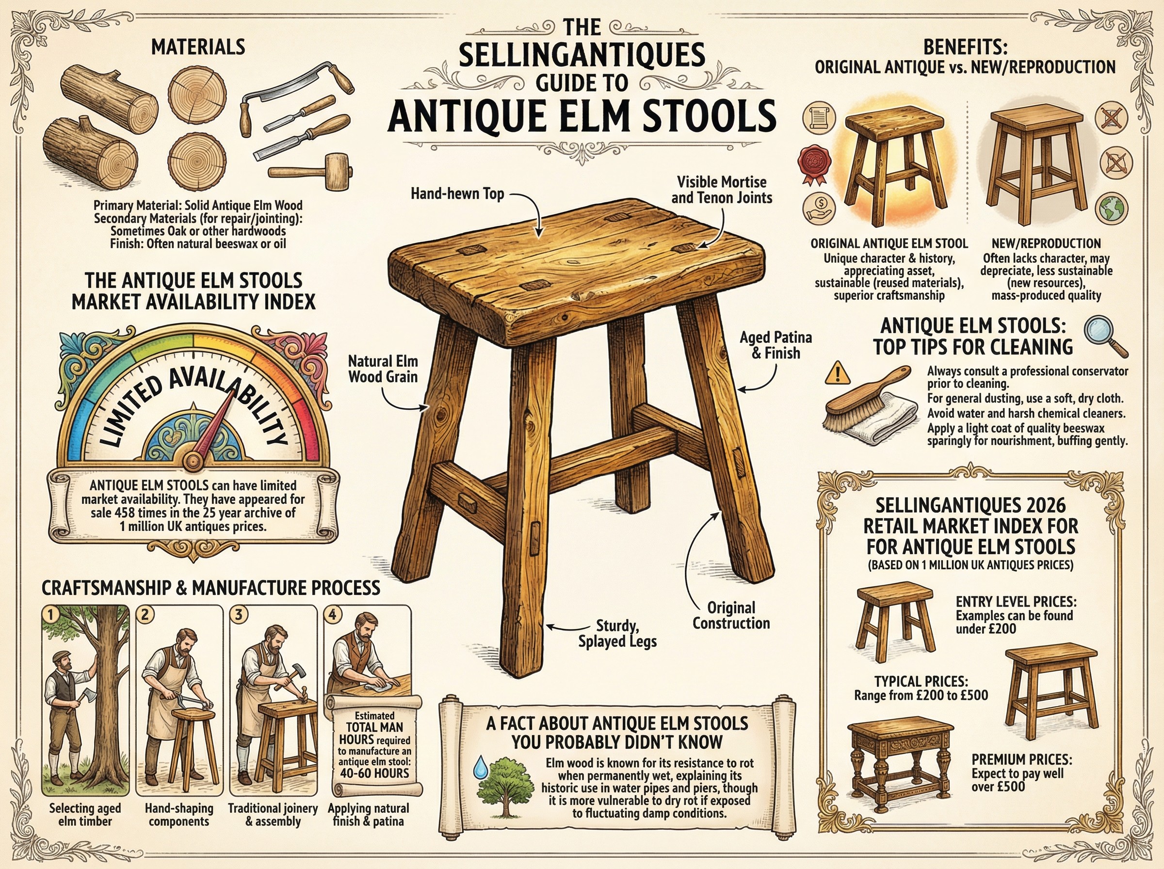 Antique Elm Stools Guide Infographic