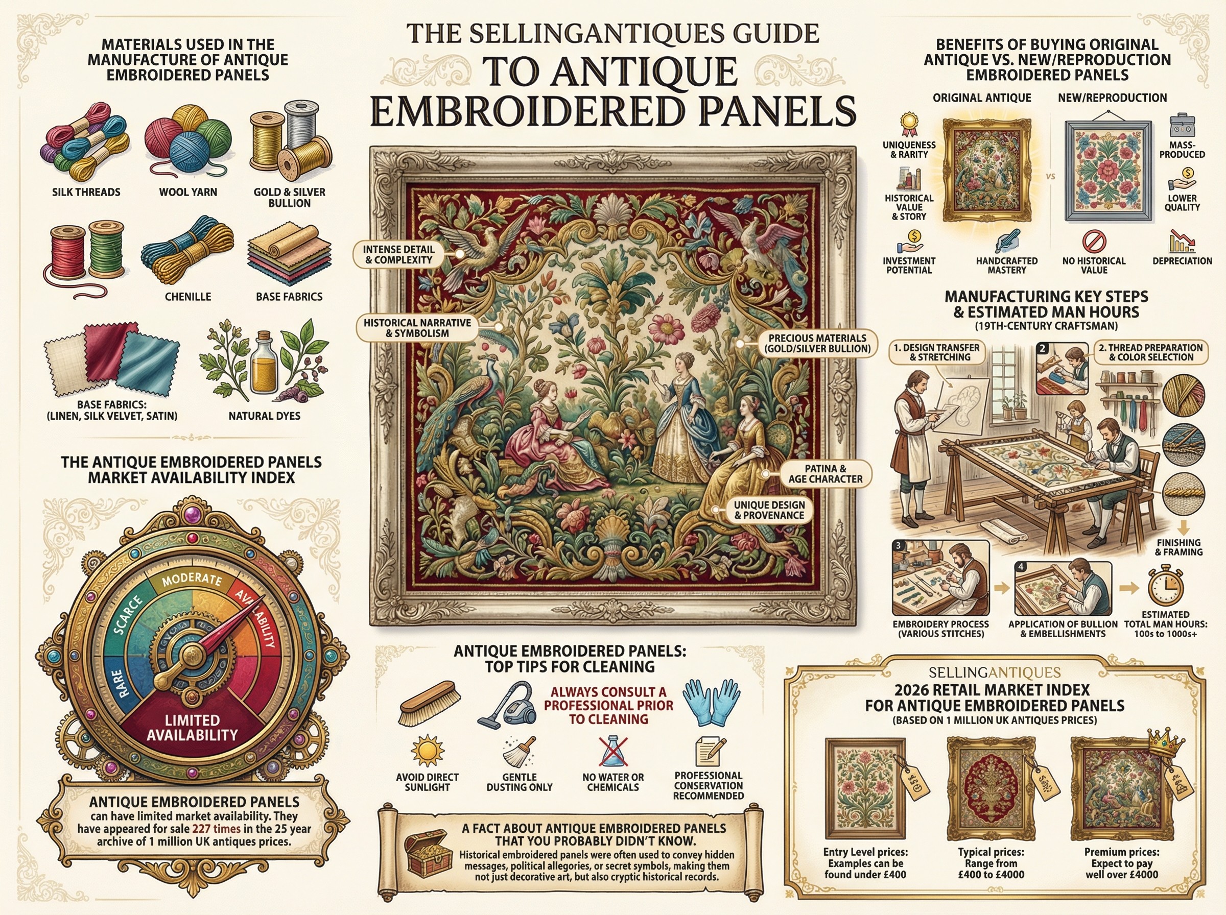 Antique Embroidered Panels Guide Infographic