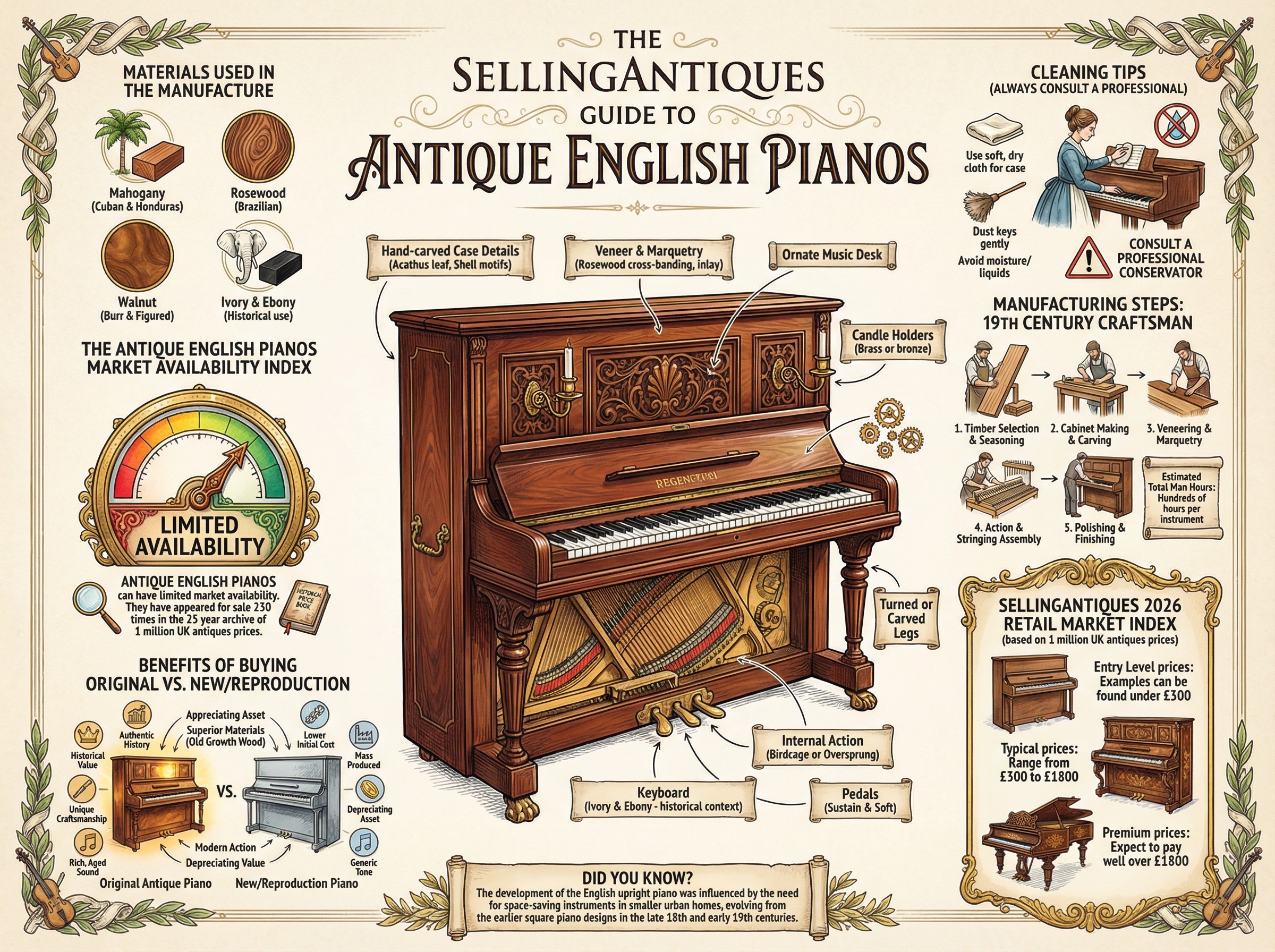 Antique English Pianos Guide Infographic