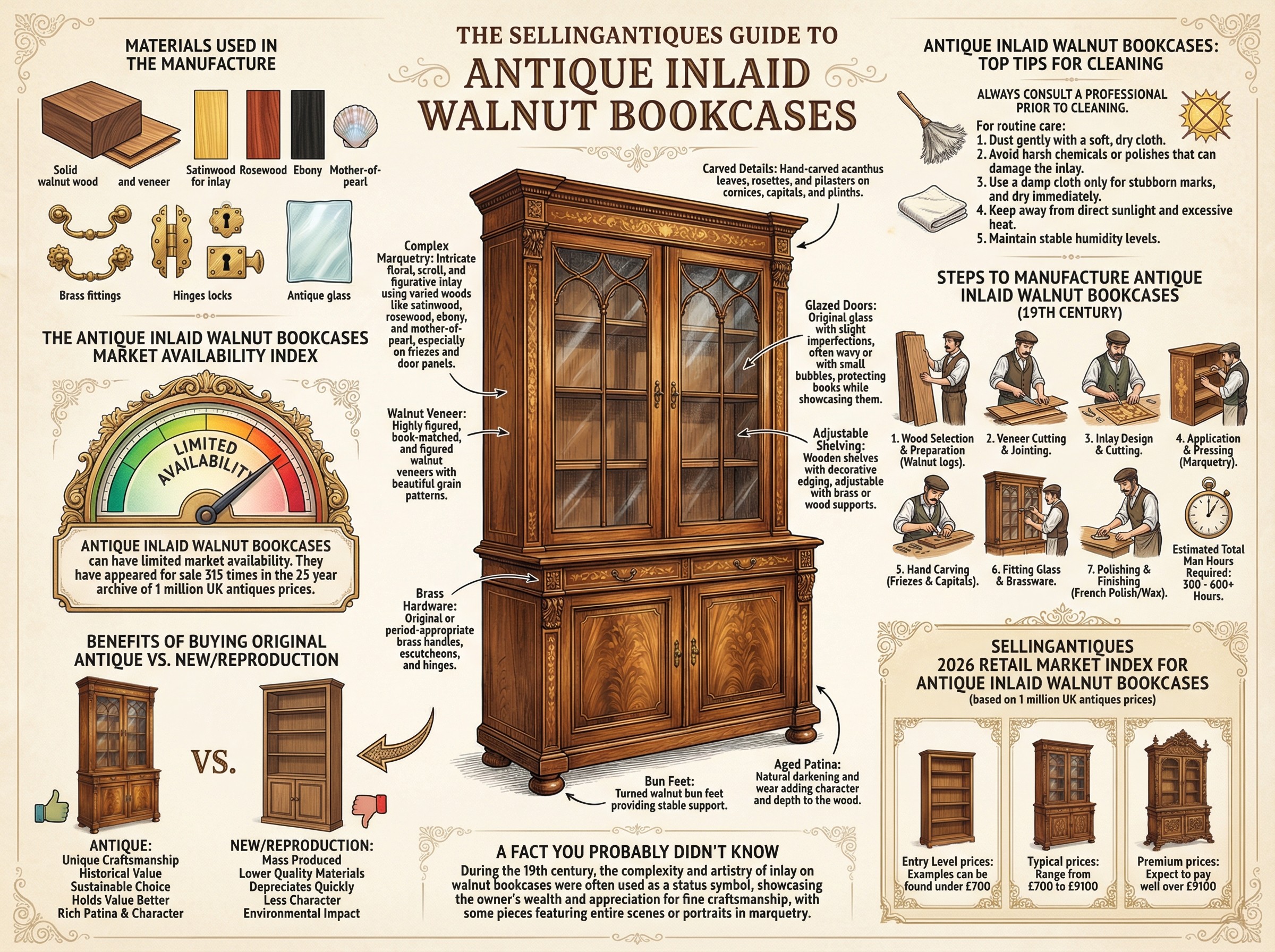 Antique Inlaid Walnut Bookcases Guide Infographic
