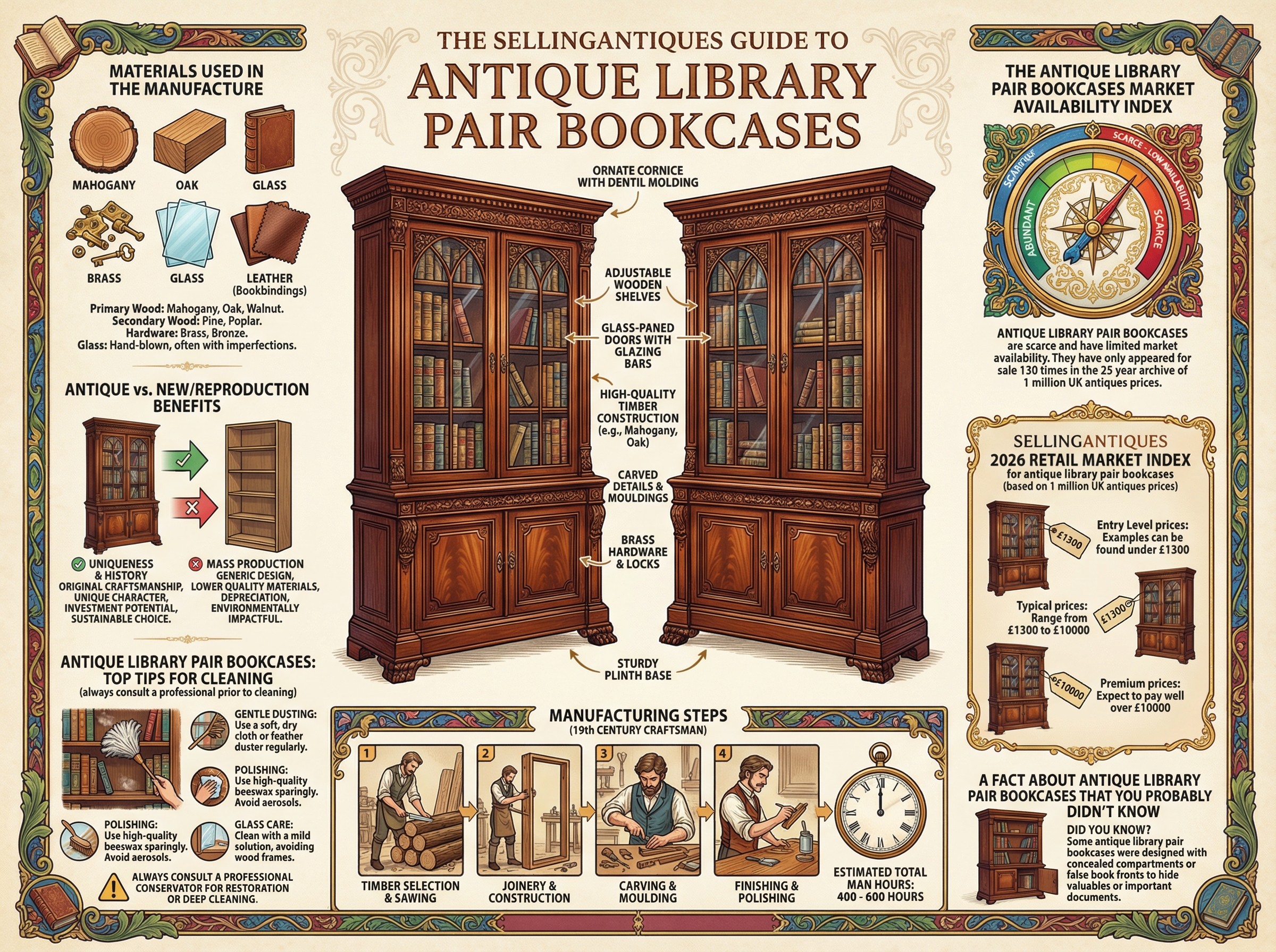 Antique Library Pair Bookcases Guide Infographic