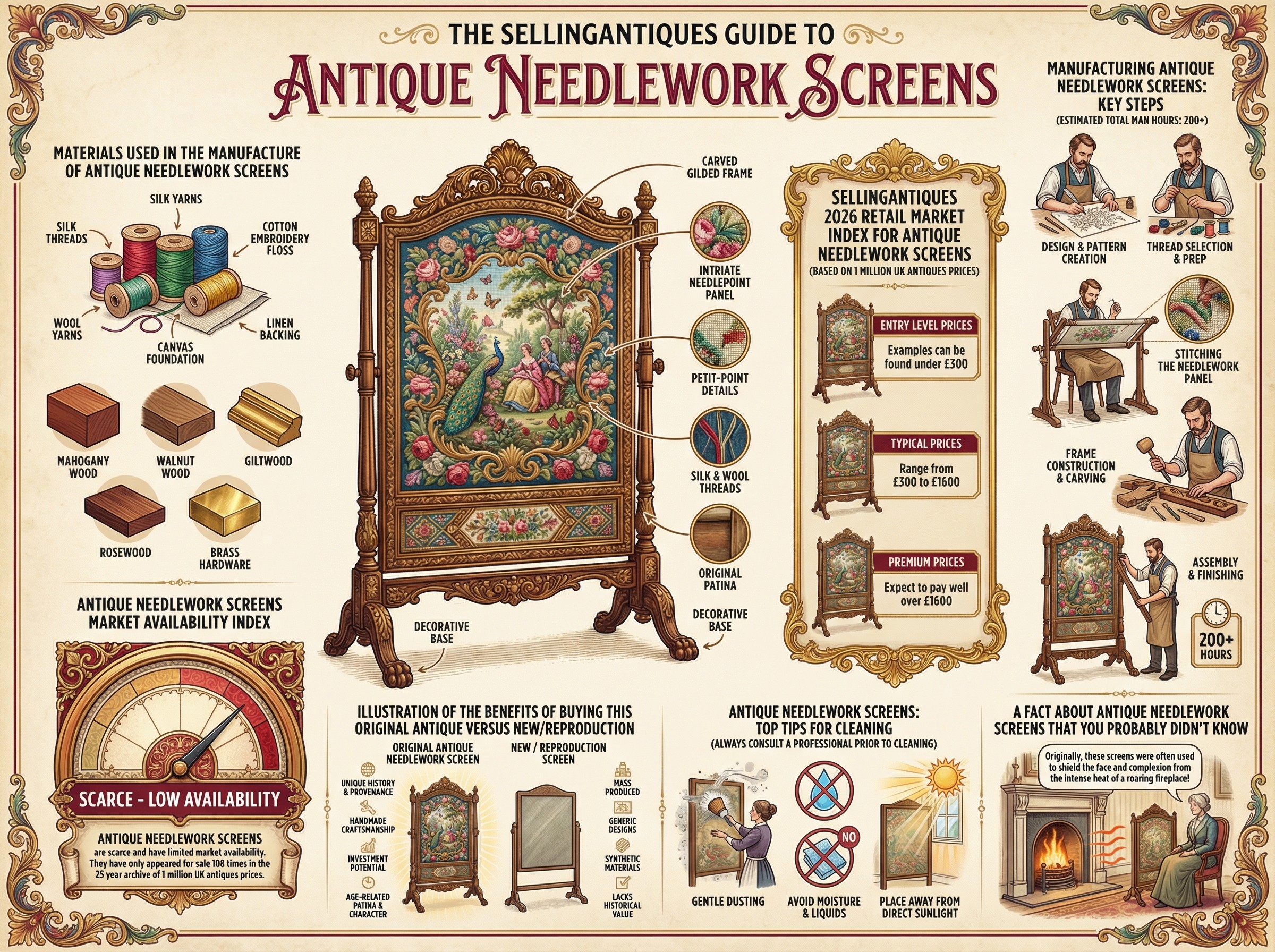 Antique Needlework Screens Guide Infographic