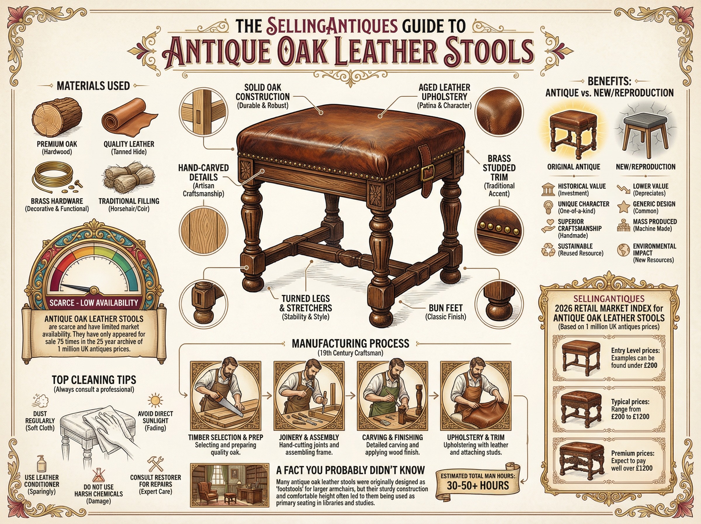 Antique Oak Leather Stools Guide Infographic