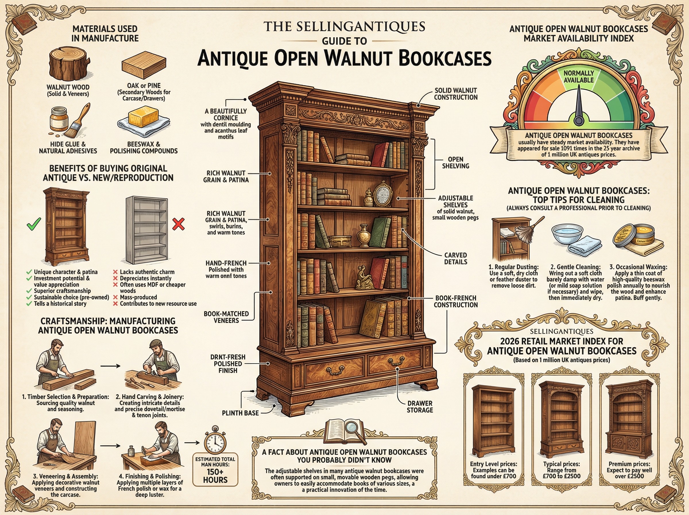 Antique Open Walnut Bookcases Guide Infographic