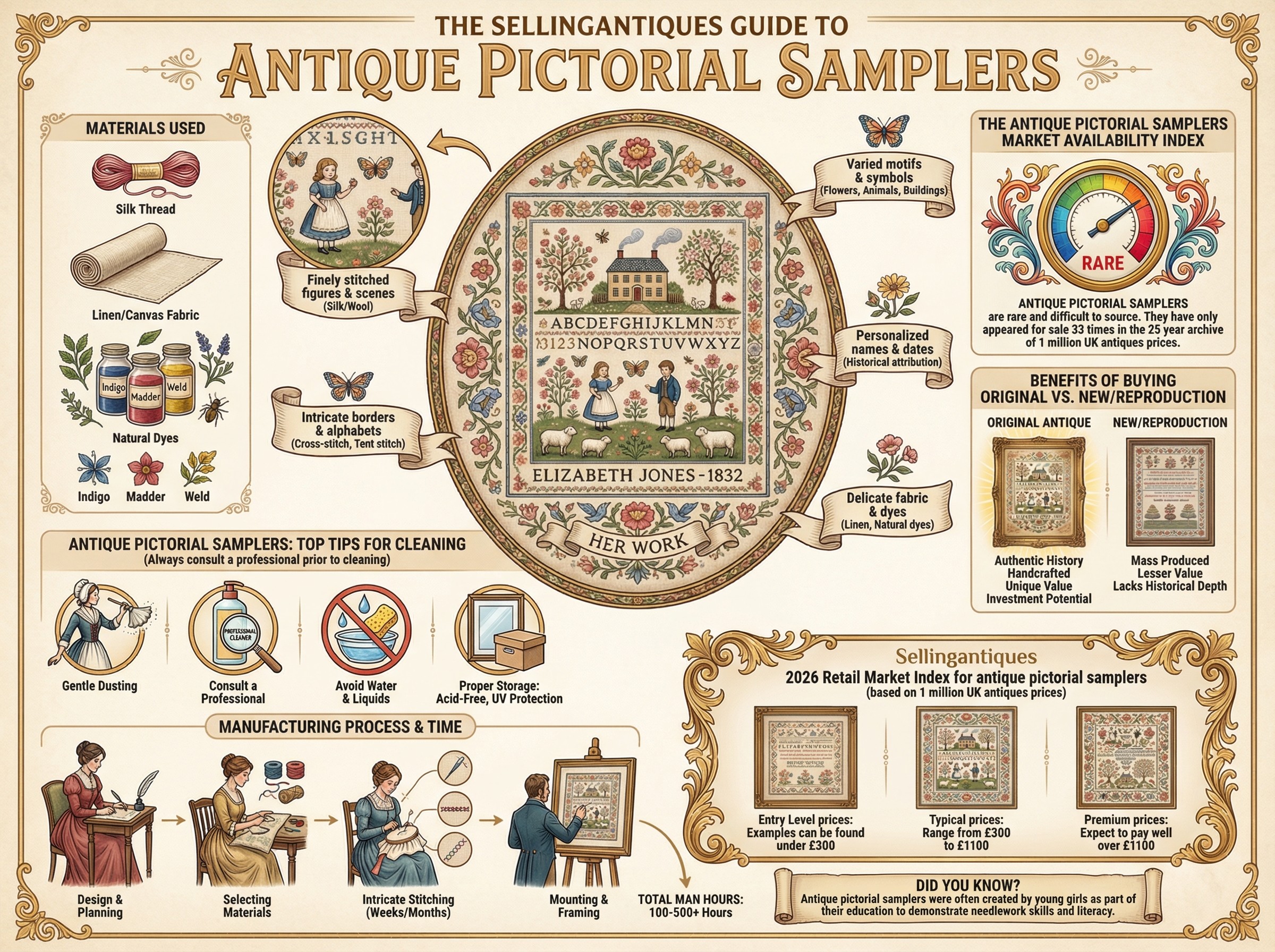 Antique Pictorial Samplers Guide Infographic