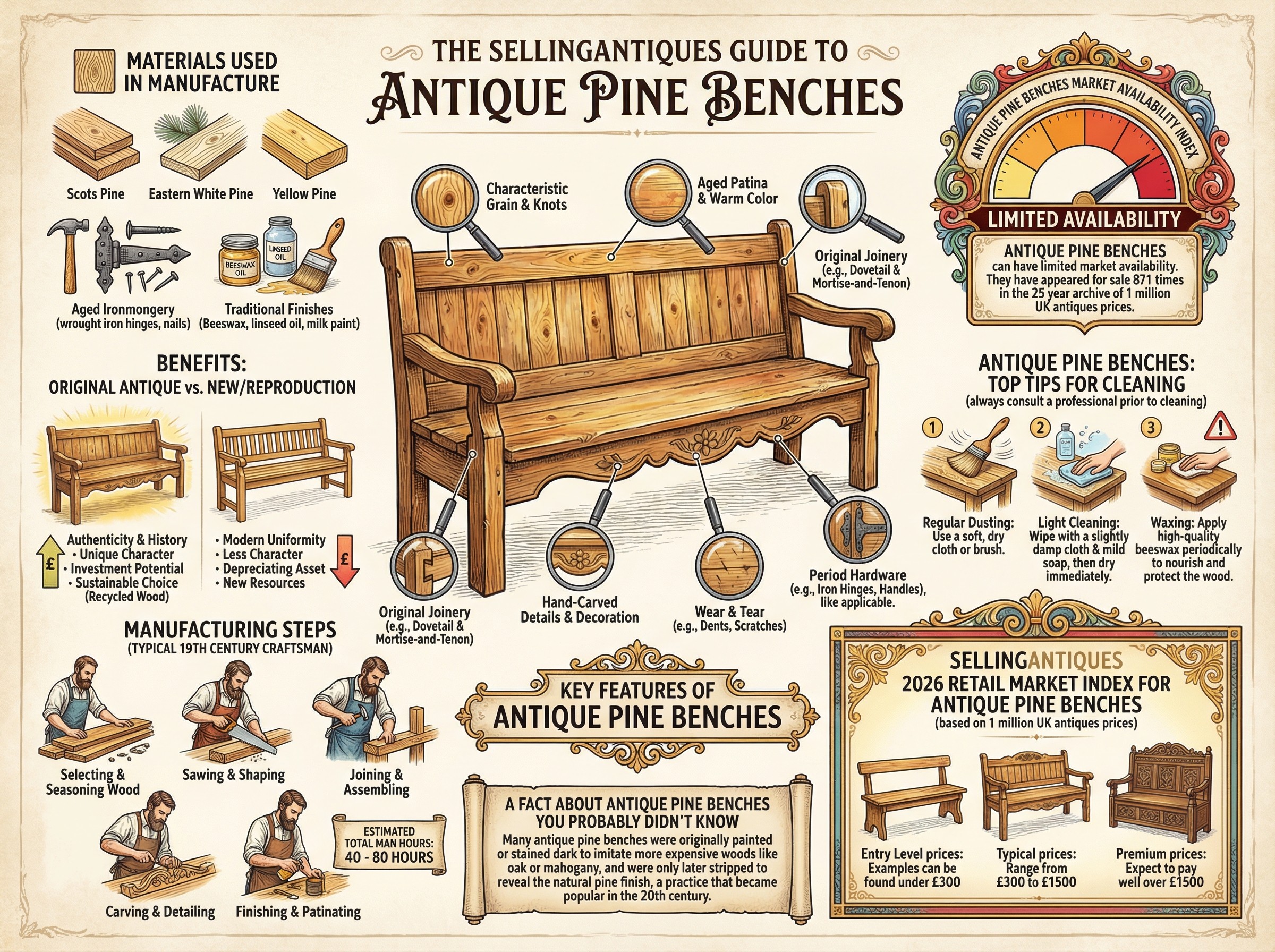 Antique Pine Benches Guide Infographic