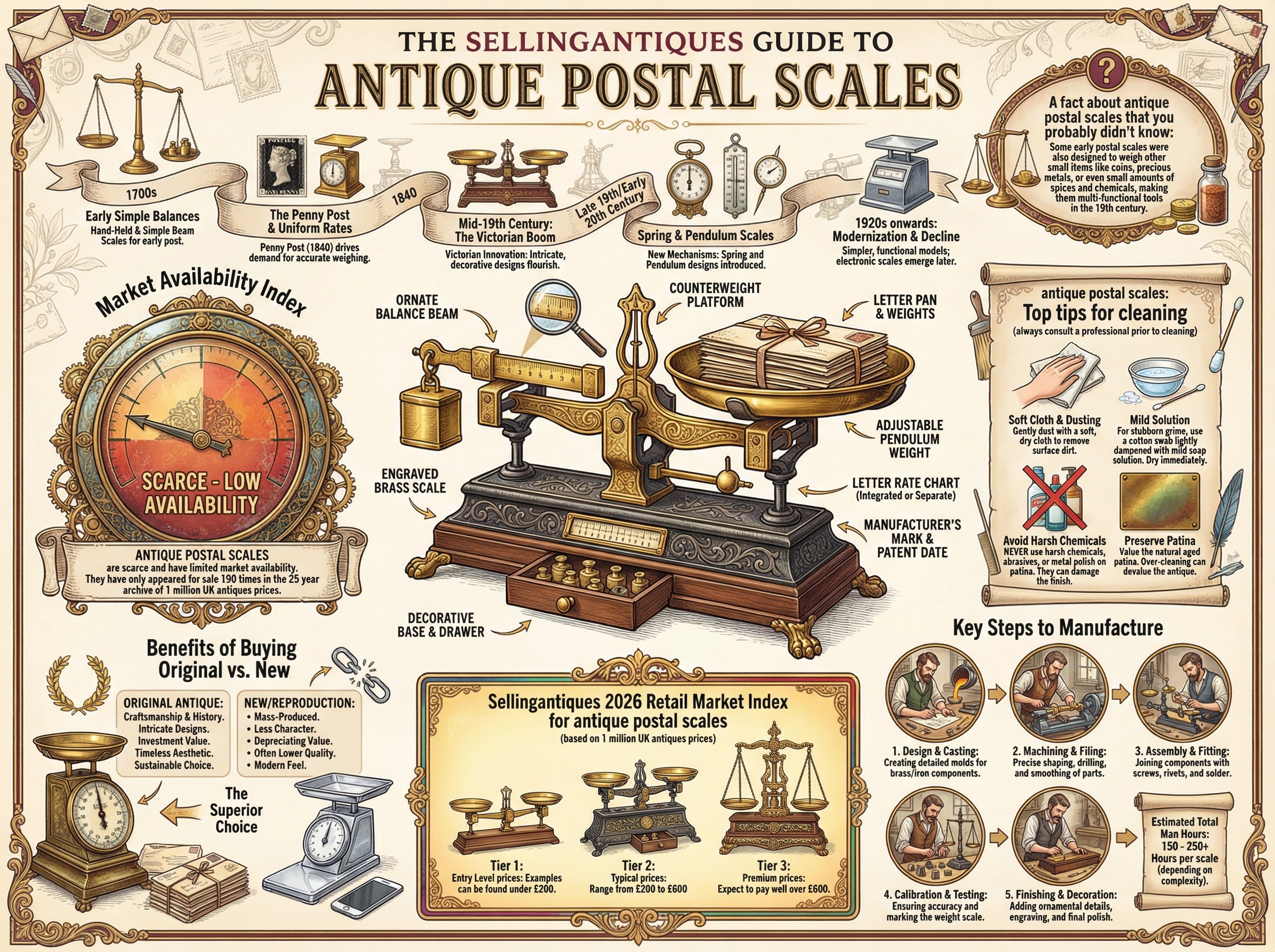 Antique Postal Scales Guide Infographic