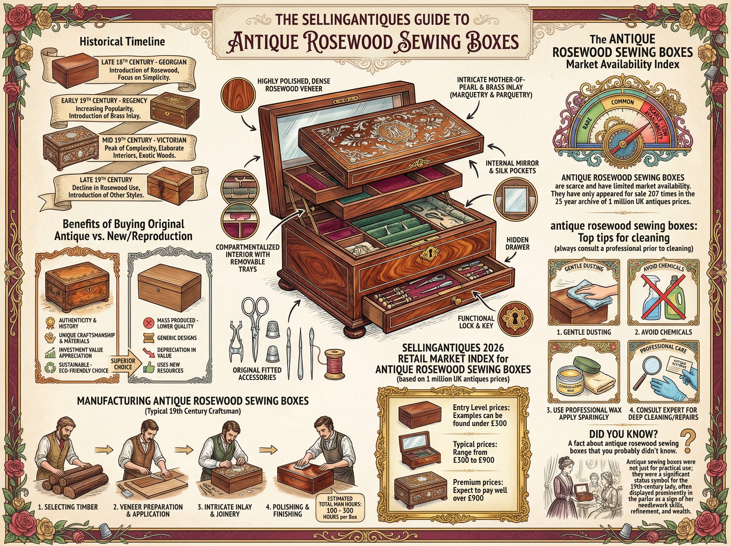 Antique Rosewood Sewing Boxes Guide Infographic