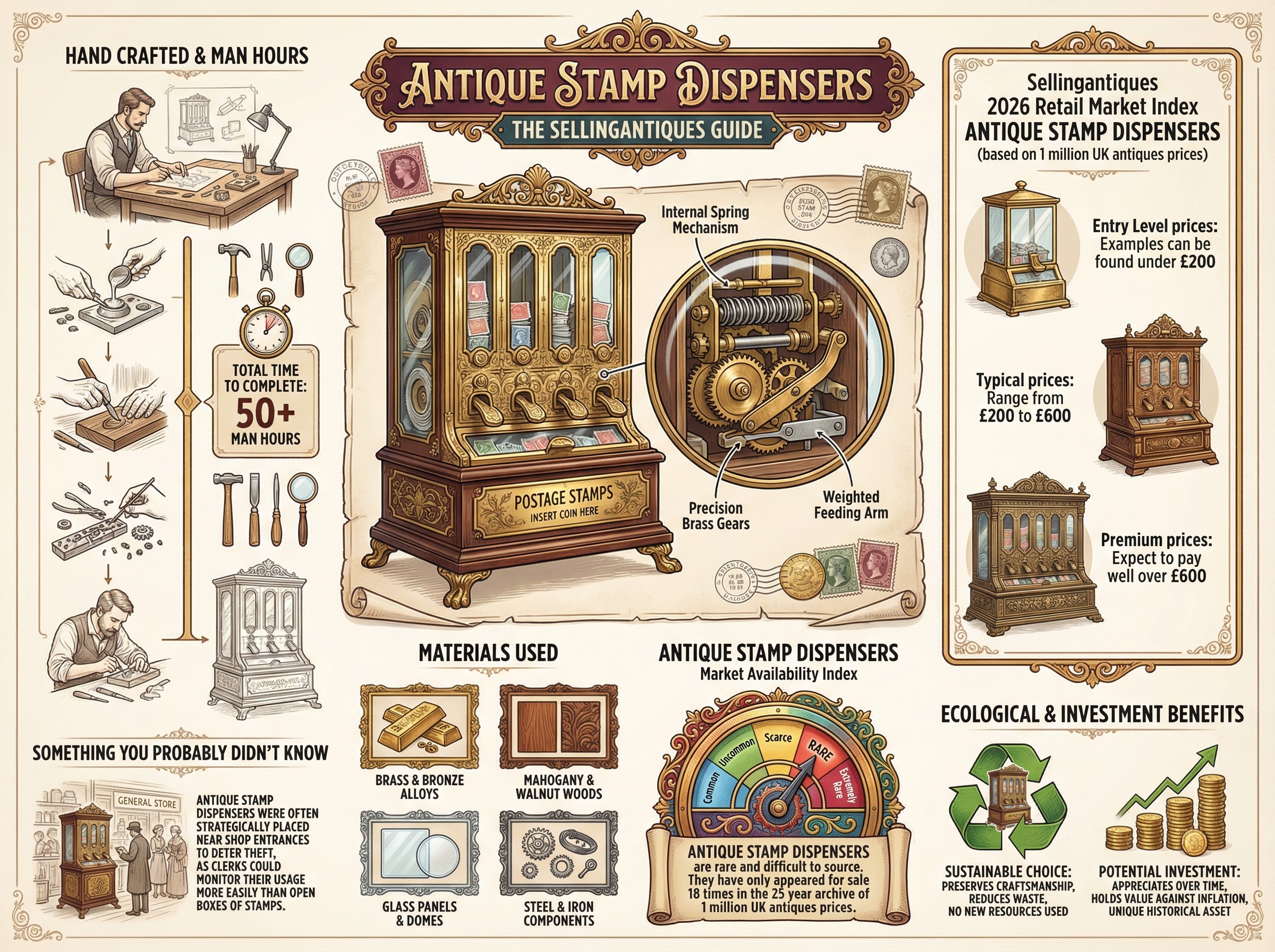 Antique Stamp Dispensers Guide Infographic