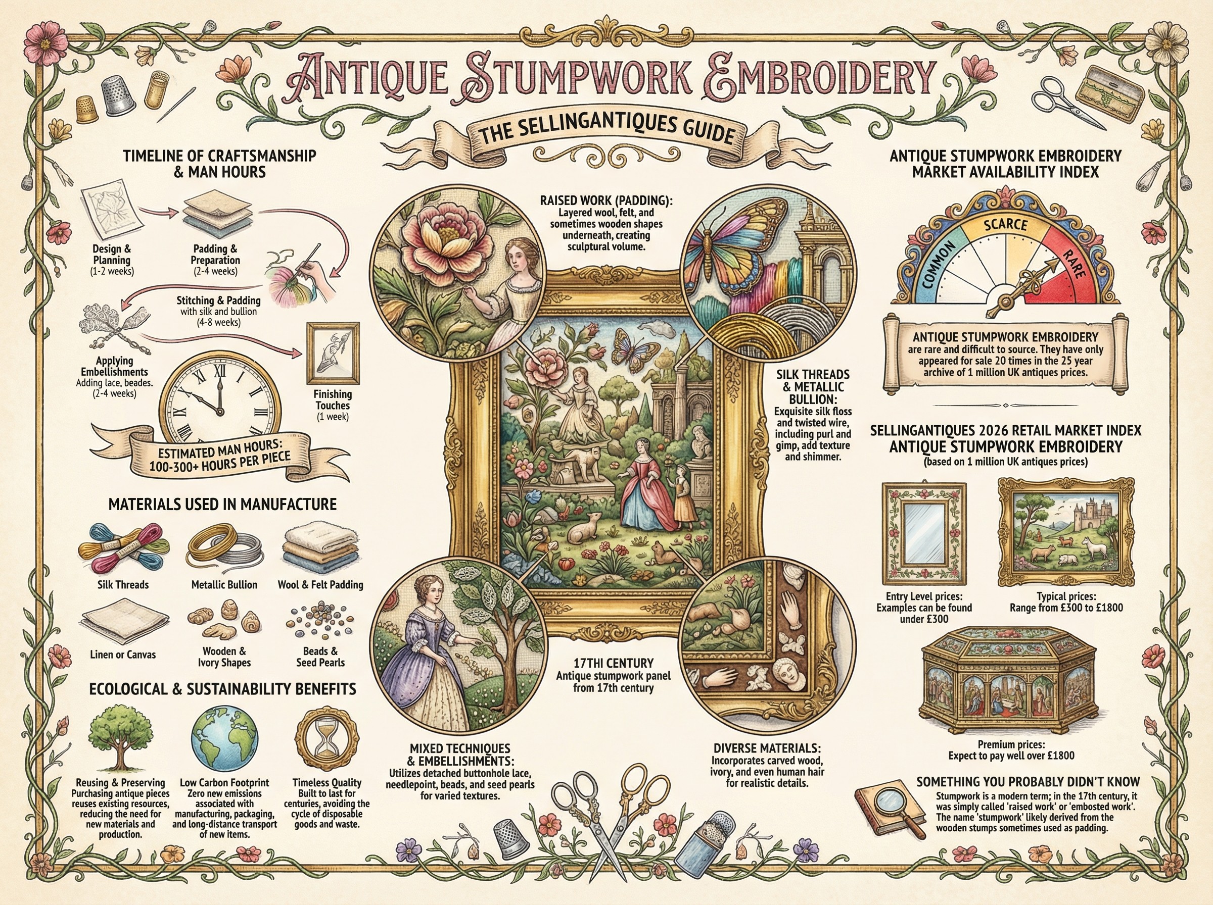 Antique Stumpwork Embroidery Guide Infographic