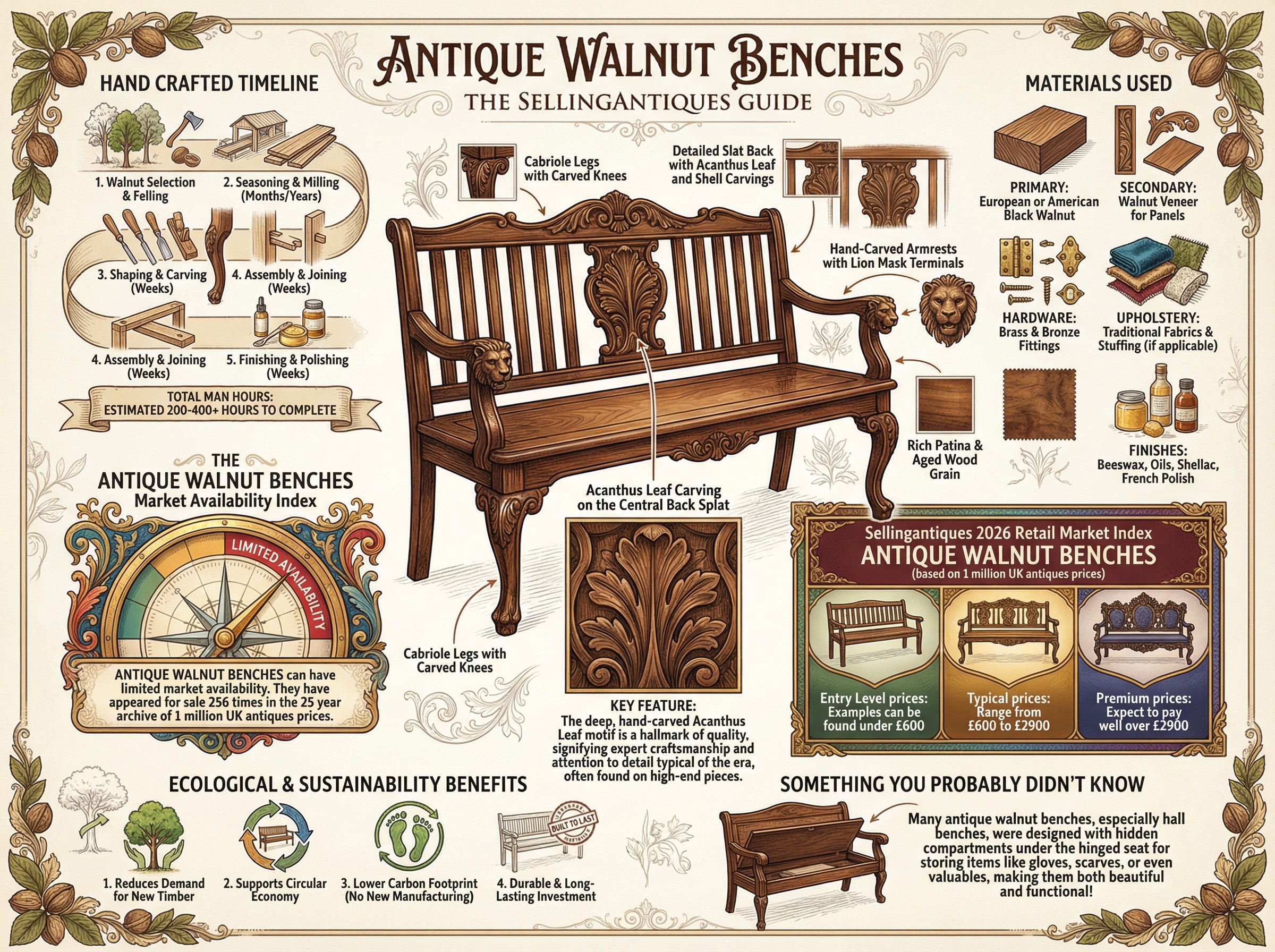 Antique Walnut Benches Guide Infographic