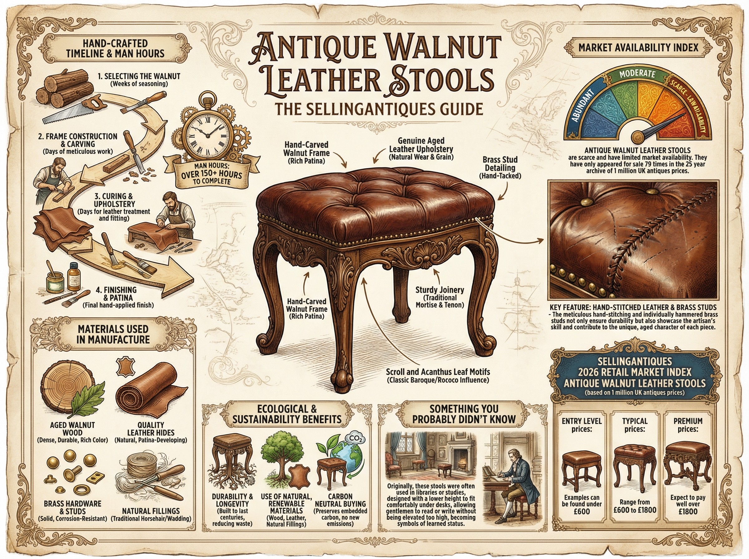 Antique Walnut Leather Stools Guide Infographic