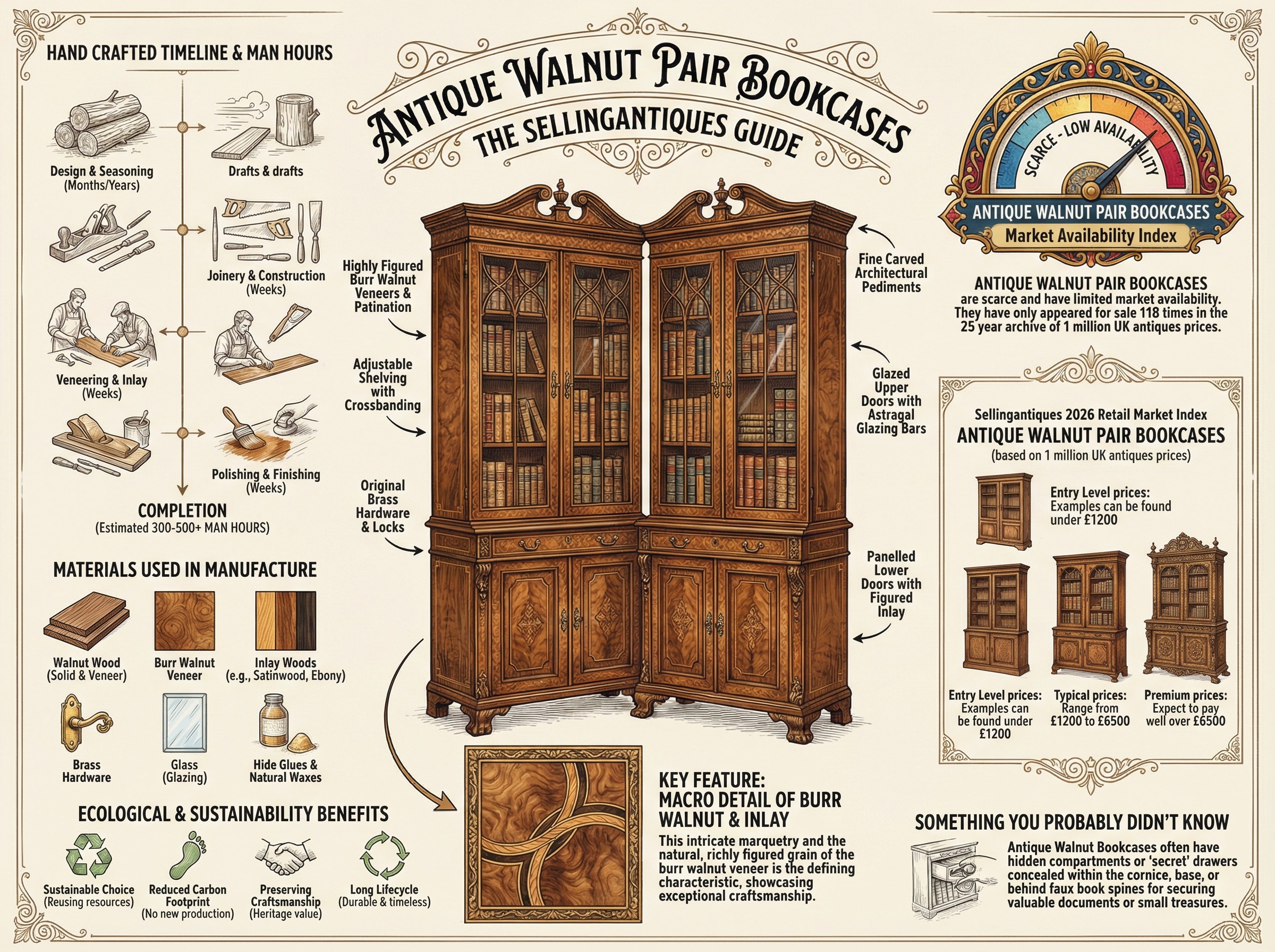 Antique Walnut Pair Bookcases Guide Infographic