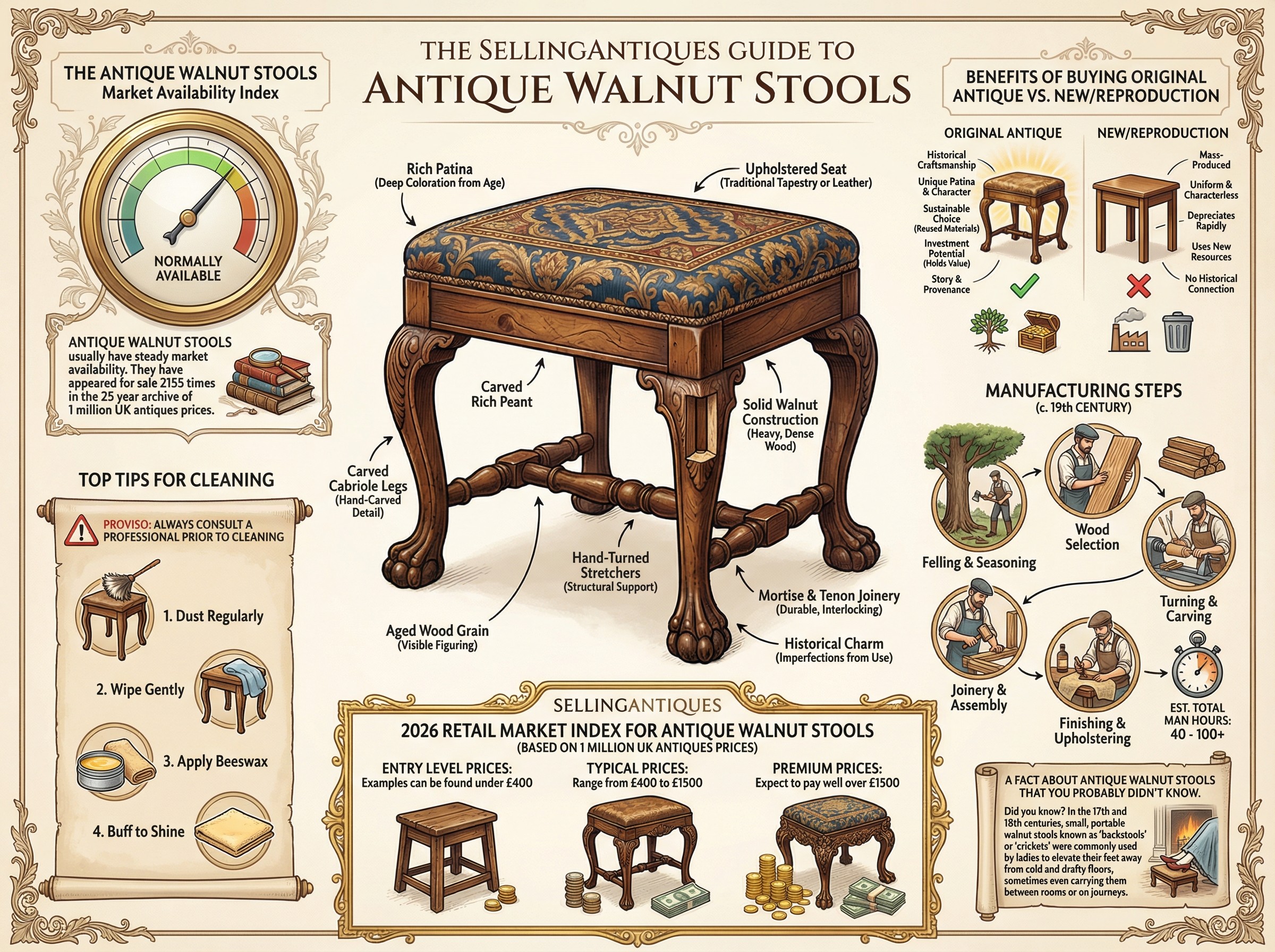 Antique Walnut Stools Guide Infographic